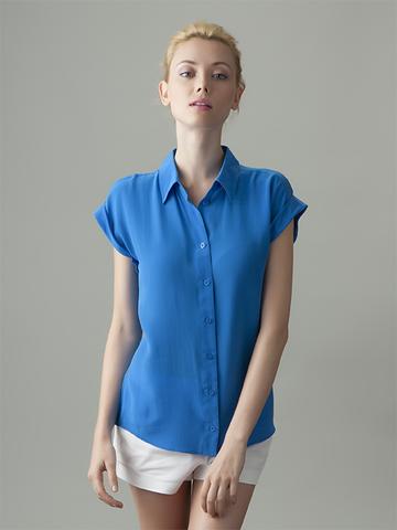 women's short sleeve blue silk shirt