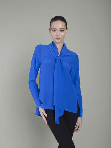 blue silk pussybow blouse