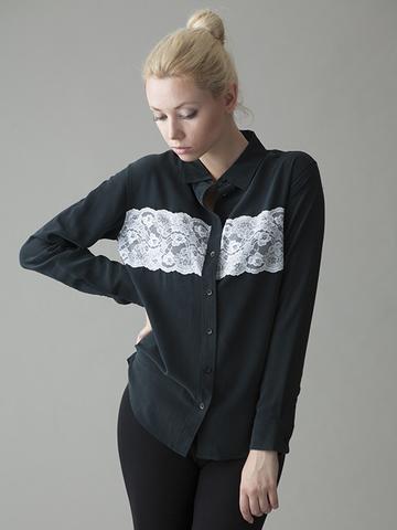 black silk blouse with white lace detail