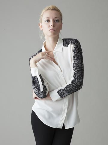 white silk button front shirt with black lace